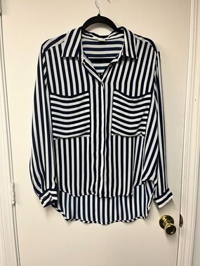 Sans Souci Navy and White Striped Button-Front Top